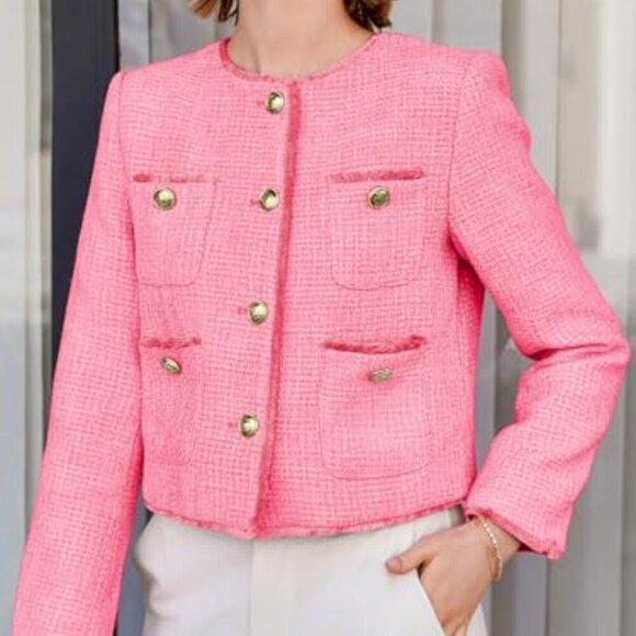 Tweed Cropped Blazer Collarless Button Down Vintage Chic Work Office - Picture 5 of 8